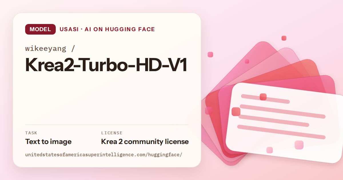 Generated coral layered-card artwork for the model wikeeyang/Krea2-Turbo-HD-V1, labeled USASI · AI on Hugging Face, with Task: Text to image · License: Krea 2 community license.