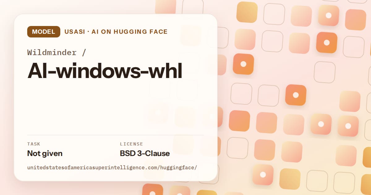 Generated orange rounded-tile grid artwork for the model Wildminder/AI-windows-whl, labeled USASI · AI on Hugging Face, with Task: Not given · License: BSD 3-Clause.