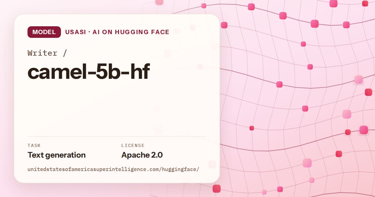 Generated rose wave-lattice artwork for the model Writer/camel-5b-hf, labeled USASI · AI on Hugging Face, with Task: Text generation · License: Apache 2.0.
