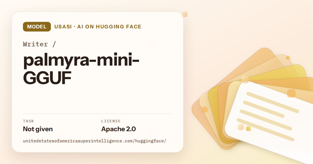 Generated amber layered-card artwork for the model Writer/palmyra-mini-GGUF, labeled USASI · AI on Hugging Face, with Task: Not given · License: Apache 2.0.