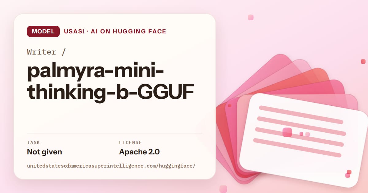 Generated coral layered-card artwork for the model Writer/palmyra-mini-thinking-b-GGUF, labeled USASI · AI on Hugging Face, with Task: Not given · License: Apache 2.0.