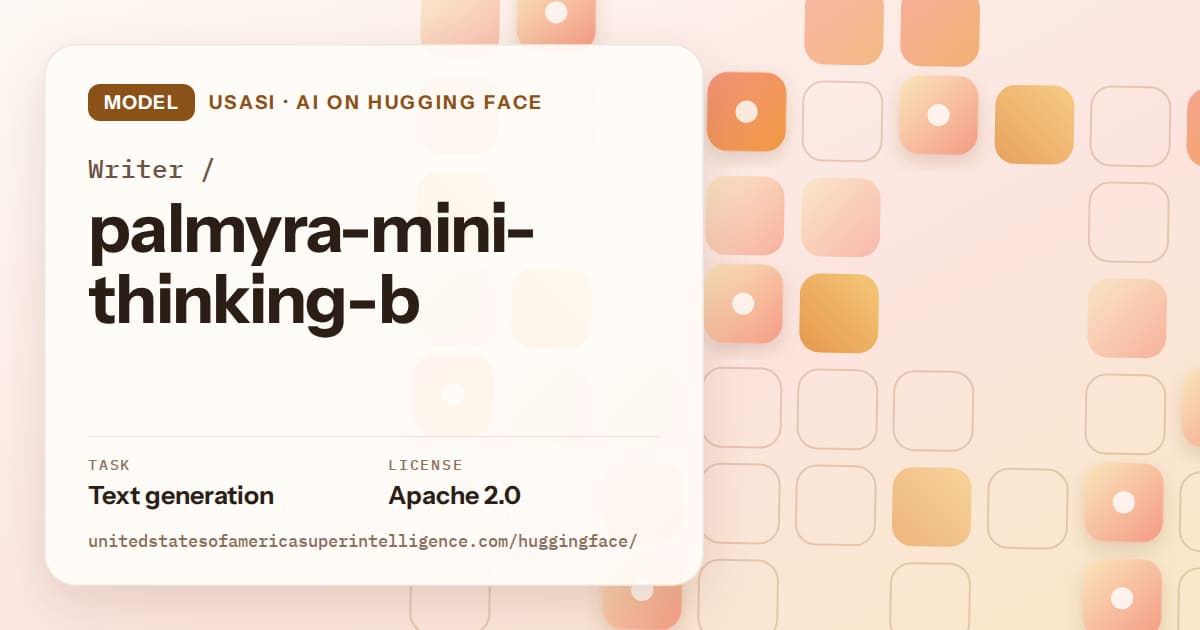 Generated orange rounded-tile grid artwork for the model Writer/palmyra-mini-thinking-b, labeled USASI · AI on Hugging Face, with Task: Text generation · License: Apache 2.0.