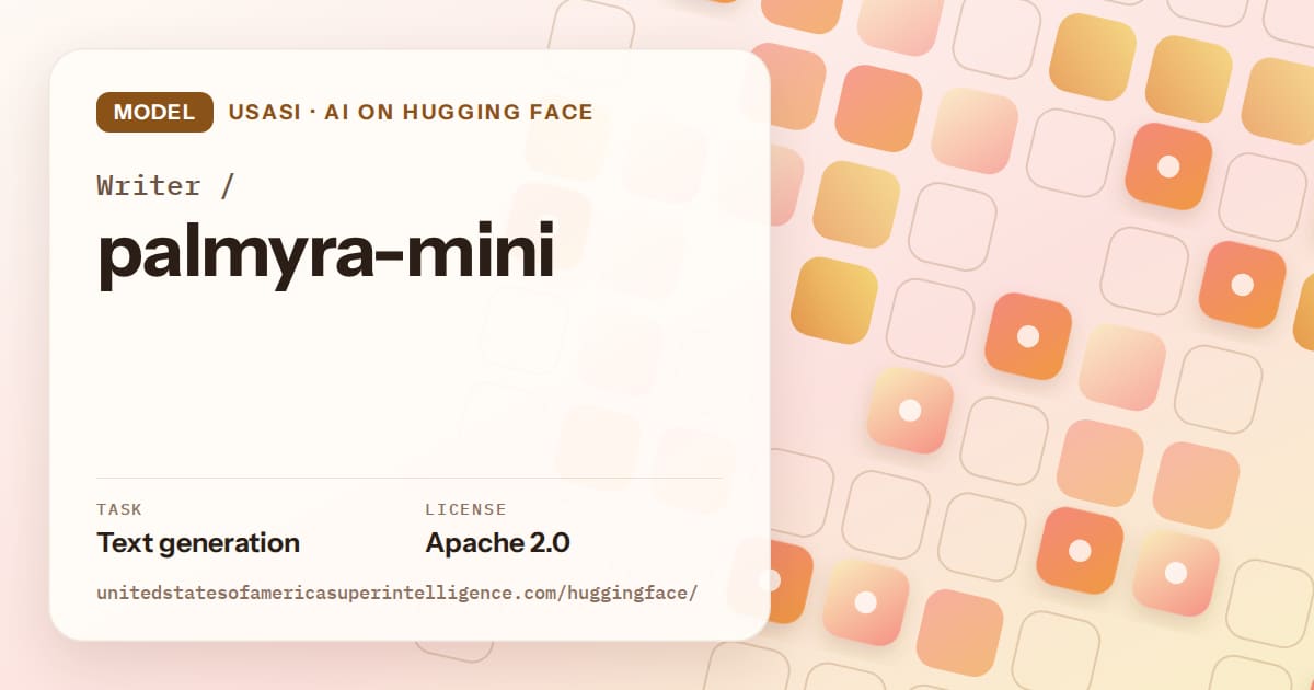 Generated orange rounded-tile grid artwork for the model Writer/palmyra-mini, labeled USASI · AI on Hugging Face, with Task: Text generation · License: Apache 2.0.