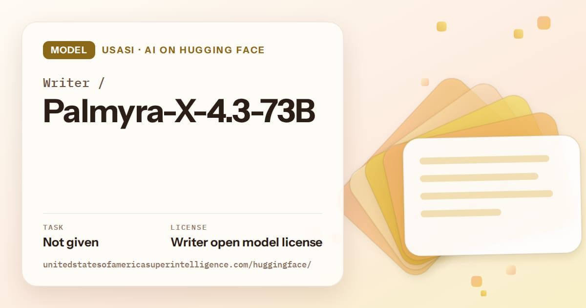 Generated amber layered-card artwork for the model Writer/Palmyra-X-4.3-73B, labeled USASI · AI on Hugging Face, with Task: Not given · License: Writer open model license.
