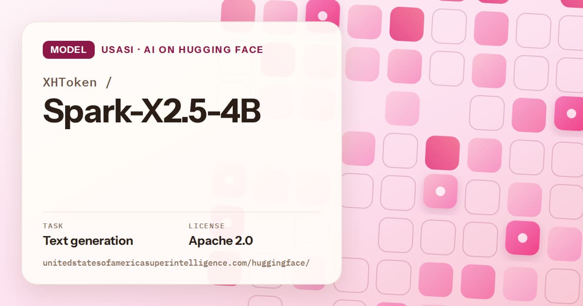 Generated rose rounded-tile grid artwork for the model XHToken/Spark-X2.5-4B, labeled USASI · AI on Hugging Face, with Task: Text generation · License: Apache 2.0.