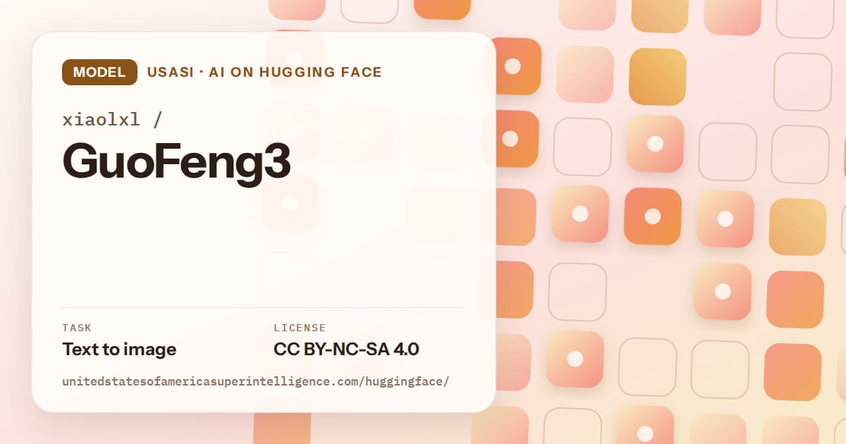 Generated orange rounded-tile grid artwork for the model xiaolxl/GuoFeng3, labeled USASI · AI on Hugging Face, with Task: Text to image · License: CC BY-NC-SA 4.0.