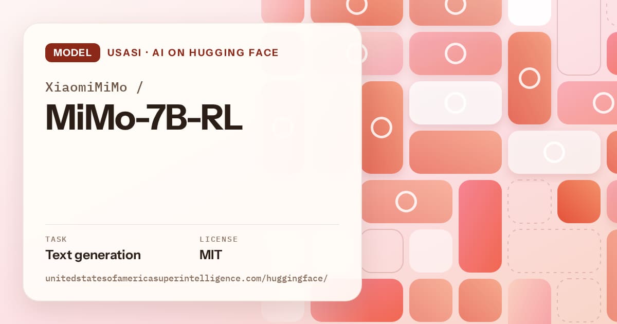Generated coral tile-mosaic artwork for the model XiaomiMiMo/MiMo-7B-RL, labeled USASI · AI on Hugging Face, with Task: Text generation · License: MIT.