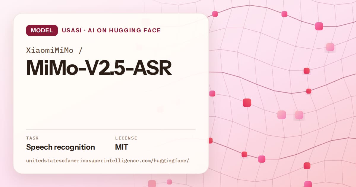 Generated rose wave-lattice artwork for the model XiaomiMiMo/MiMo-V2.5-ASR, labeled USASI · AI on Hugging Face, with Task: Speech recognition · License: MIT.