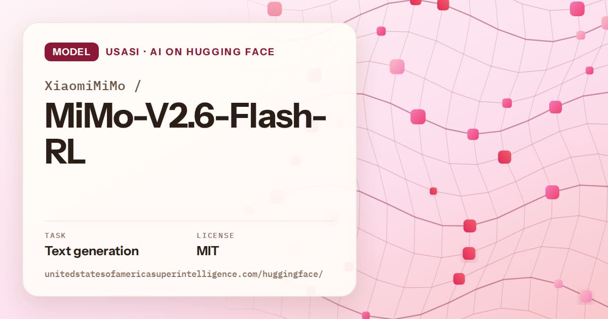Generated rose wave-lattice artwork for the model XiaomiMiMo/MiMo-V2.6-Flash-RL, labeled USASI · AI on Hugging Face, with Task: Text generation · License: MIT.