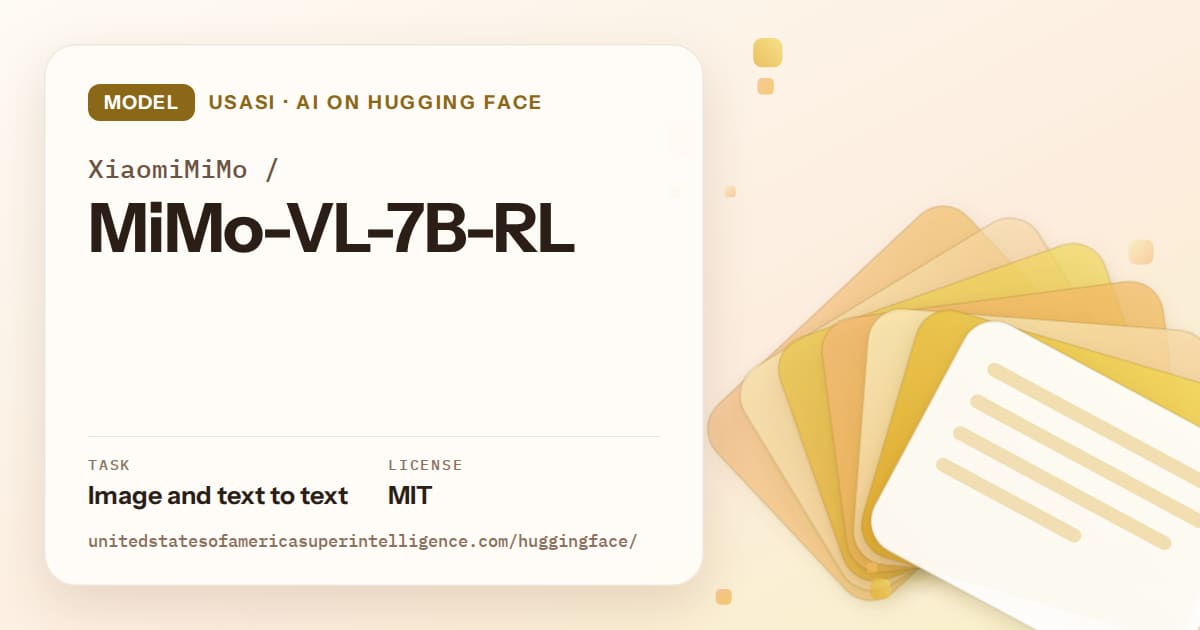 Generated amber layered-card artwork for the model XiaomiMiMo/MiMo-VL-7B-RL, labeled USASI · AI on Hugging Face, with Task: Image and text to text · License: MIT.