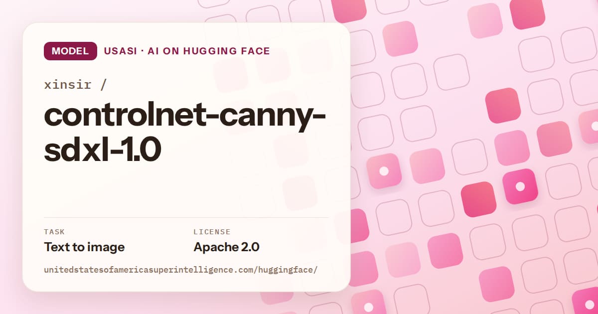 Generated rose rounded-tile grid artwork for the model xinsir/controlnet-canny-sdxl-1.0, labeled USASI · AI on Hugging Face, with Task: Text to image · License: Apache 2.0.