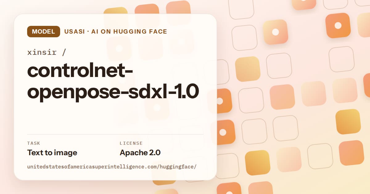 Generated orange rounded-tile grid artwork for the model xinsir/controlnet-openpose-sdxl-1.0, labeled USASI · AI on Hugging Face, with Task: Text to image · License: Apache 2.0.