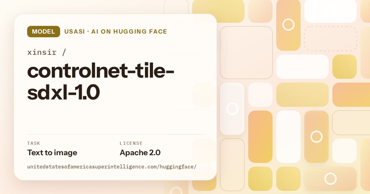 Generated gold tile-mosaic artwork for the model xinsir/controlnet-tile-sdxl-1.0, labeled USASI · AI on Hugging Face, with Task: Text to image · License: Apache 2.0.