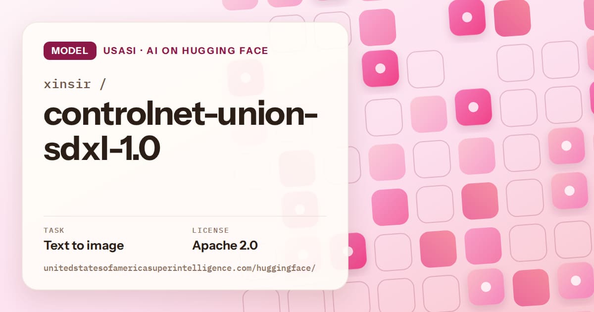 Generated rose rounded-tile grid artwork for the model xinsir/controlnet-union-sdxl-1.0, labeled USASI · AI on Hugging Face, with Task: Text to image · License: Apache 2.0.