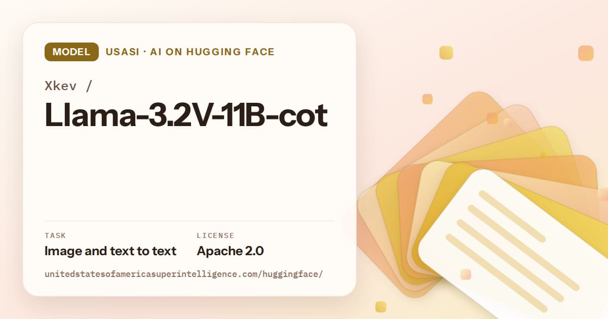 Generated amber layered-card artwork for the model Xkev/Llama-3.2V-11B-cot, labeled USASI · AI on Hugging Face, with Task: Image and text to text · License: Apache 2.0.