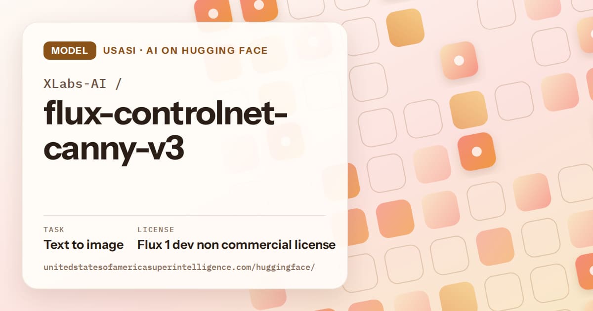 Generated orange rounded-tile grid artwork for the model XLabs-AI/flux-controlnet-canny-v3, labeled USASI · AI on Hugging Face, with Task: Text to image · License: Flux 1 dev non commercial license.