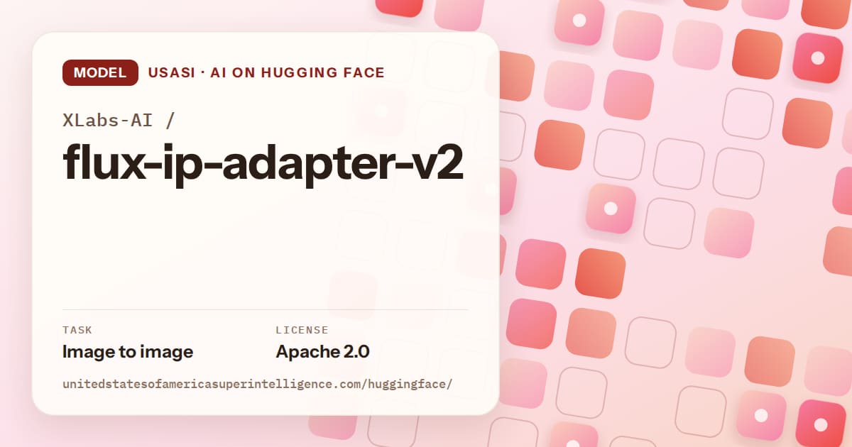 Generated coral rounded-tile grid artwork for the model XLabs-AI/flux-ip-adapter-v2, labeled USASI · AI on Hugging Face, with Task: Image to image · License: Apache 2.0.