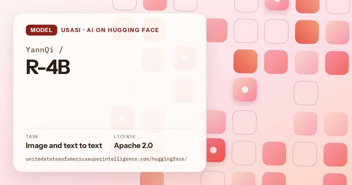 Generated coral rounded-tile grid artwork for the model YannQi/R-4B, labeled USASI · AI on Hugging Face, with Task: Image and text to text · License: Apache 2.0.