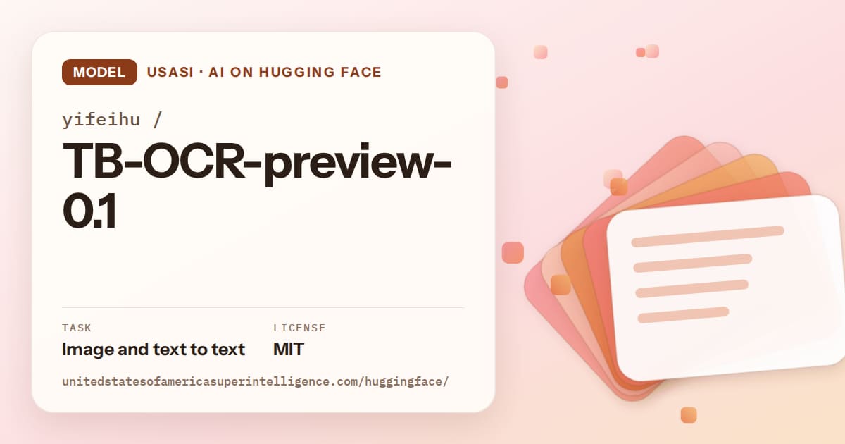 Generated tangerine layered-card artwork for the model yifeihu/TB-OCR-preview-0.1, labeled USASI · AI on Hugging Face, with Task: Image and text to text · License: MIT.