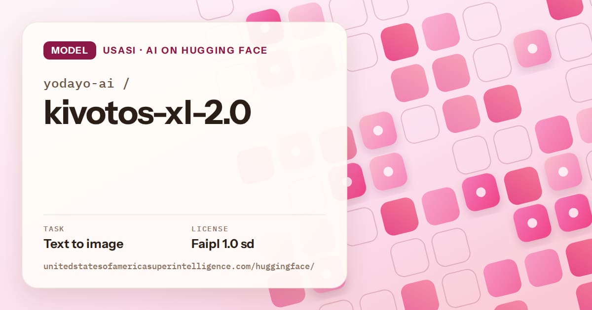 Generated rose rounded-tile grid artwork for the model yodayo-ai/kivotos-xl-2.0, labeled USASI · AI on Hugging Face, with Task: Text to image · License: Faipl 1.0 sd.