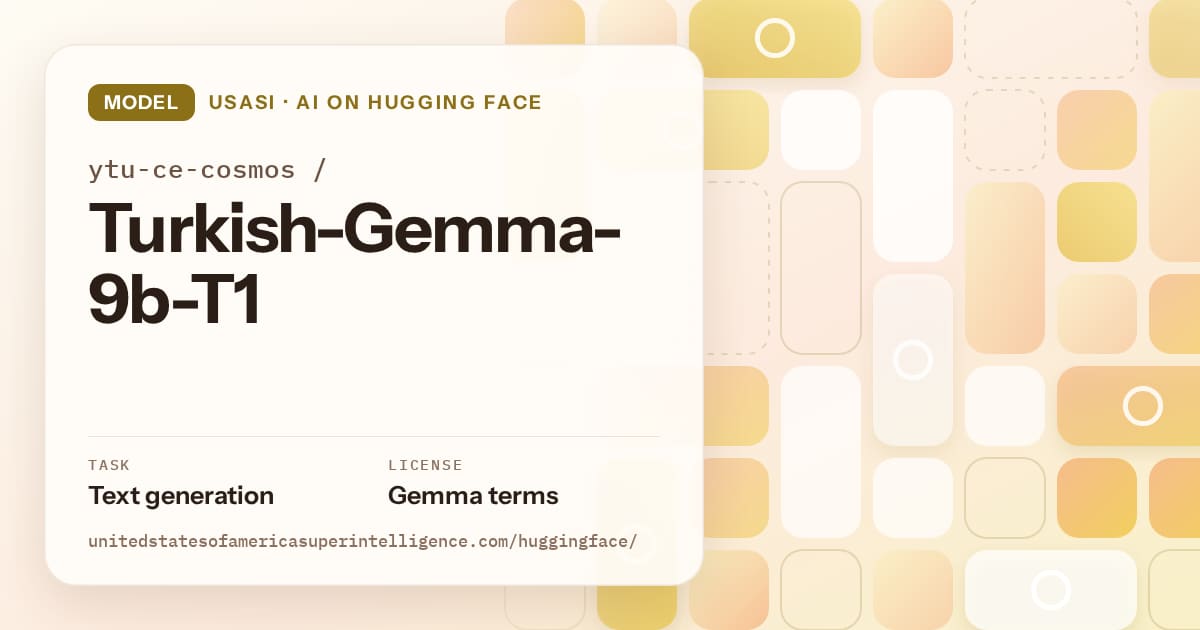 Generated gold tile-mosaic artwork for the model ytu-ce-cosmos/Turkish-Gemma-9b-T1, labeled USASI · AI on Hugging Face, with Task: Text generation · License: Gemma terms.