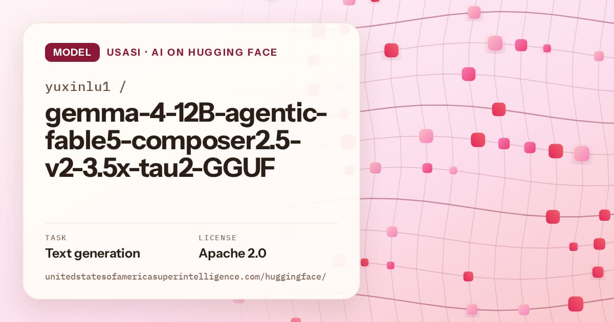 Generated rose wave-lattice artwork for the model yuxinlu1/gemma-4-12B-agentic-fable5-composer2.5-v2-3.5x-tau2-GGUF, labeled USASI · AI on Hugging Face, with Task: Text generation · License: Apache 2.0.