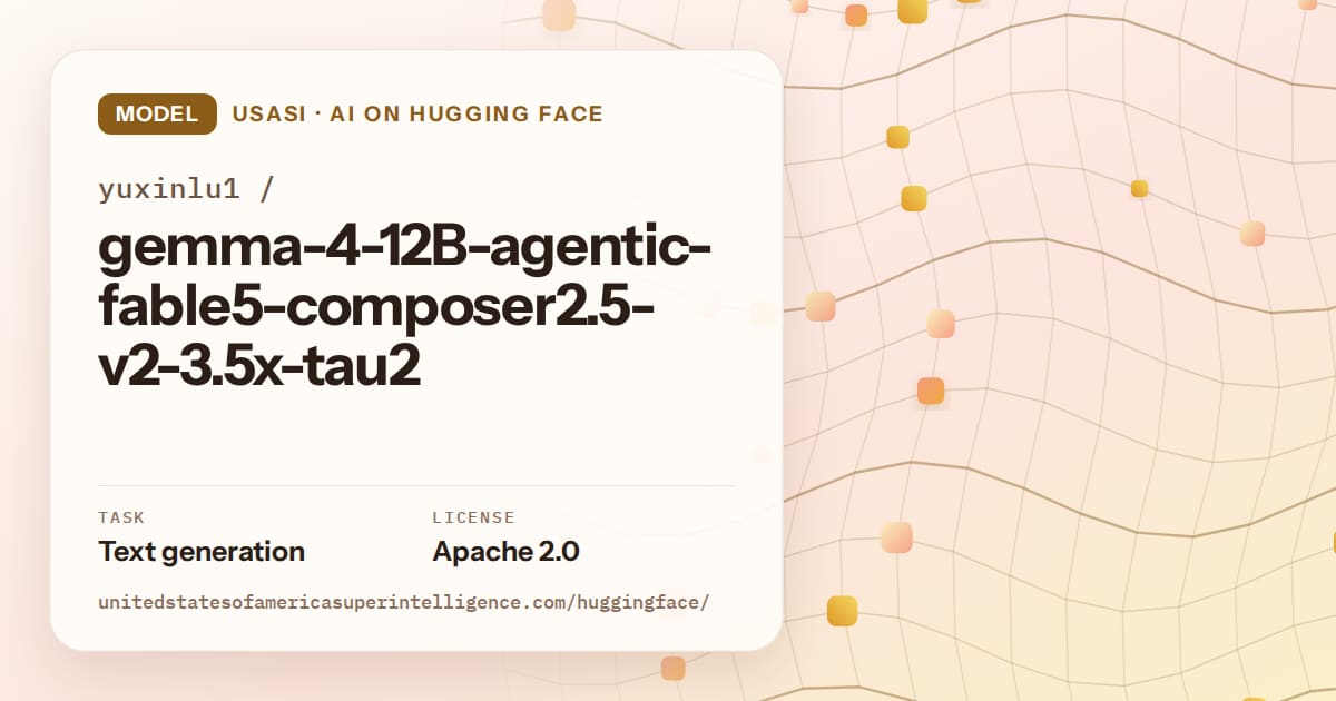Generated amber wave-lattice artwork for the model yuxinlu1/gemma-4-12B-agentic-fable5-composer2.5-v2-3.5x-tau2, labeled USASI · AI on Hugging Face, with Task: Text generation · License: Apache 2.0.
