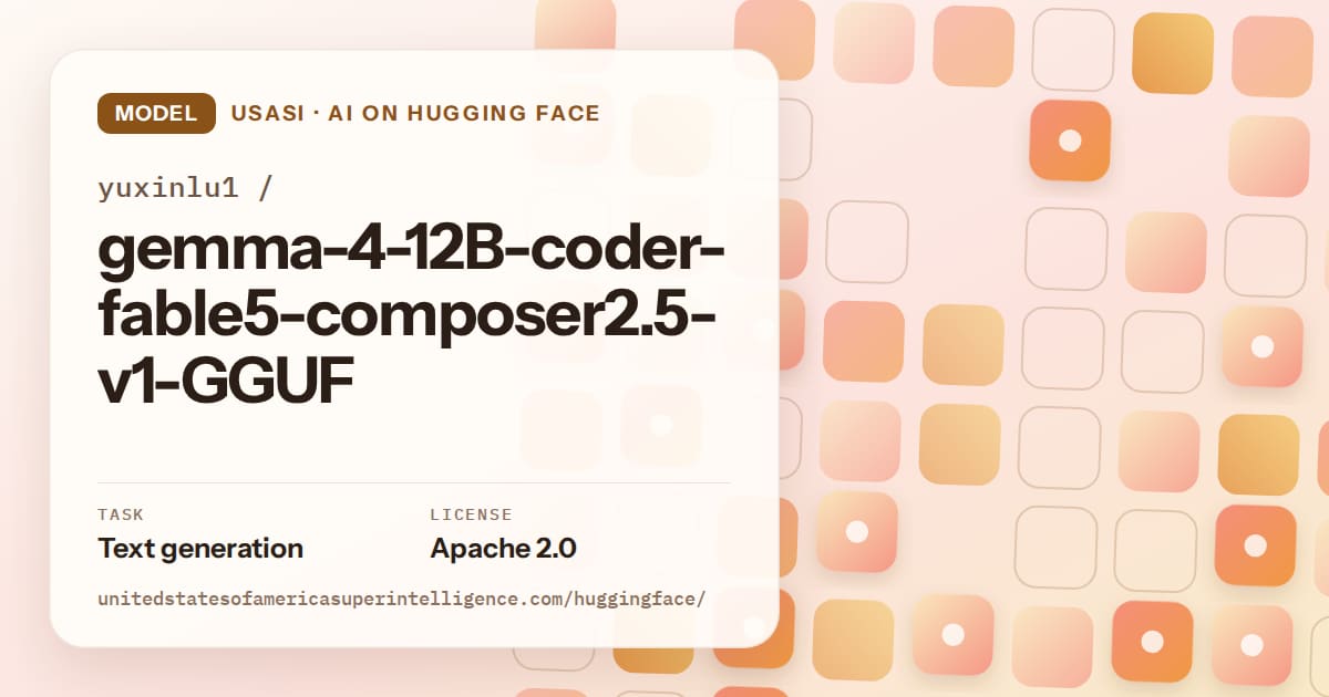 Generated orange rounded-tile grid artwork for the model yuxinlu1/gemma-4-12B-coder-fable5-composer2.5-v1-GGUF, labeled USASI · AI on Hugging Face, with Task: Text generation · License: Apache 2.0.