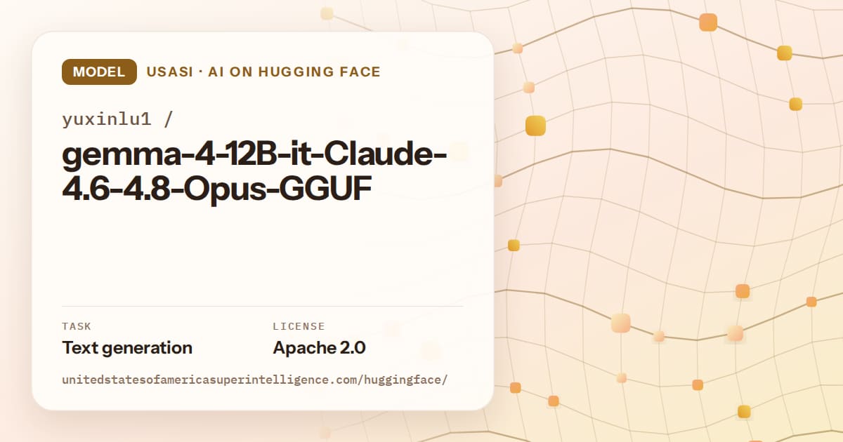 Generated amber wave-lattice artwork for the model yuxinlu1/gemma-4-12B-it-Claude-4.6-4.8-Opus-GGUF, labeled USASI · AI on Hugging Face, with Task: Text generation · License: Apache 2.0.