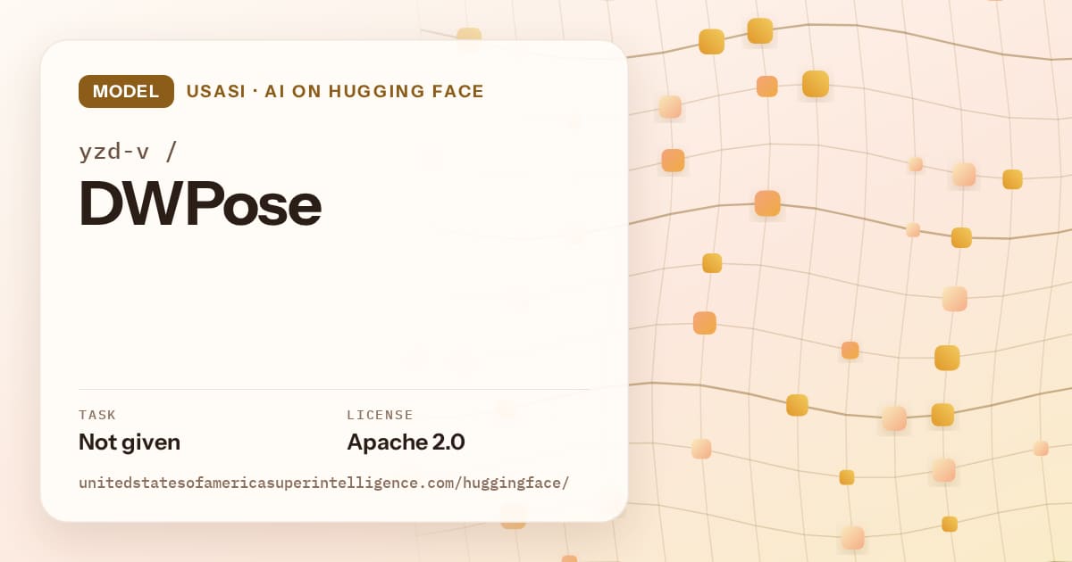 Generated amber wave-lattice artwork for the model yzd-v/DWPose, labeled USASI · AI on Hugging Face, with Task: Not given · License: Apache 2.0.