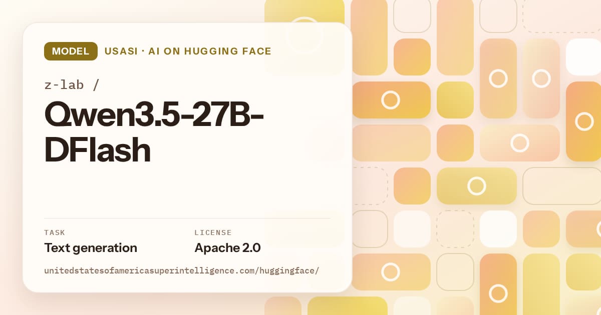 Generated gold tile-mosaic artwork for the model z-lab/Qwen3.5-27B-DFlash, labeled USASI · AI on Hugging Face, with Task: Text generation · License: Apache 2.0.