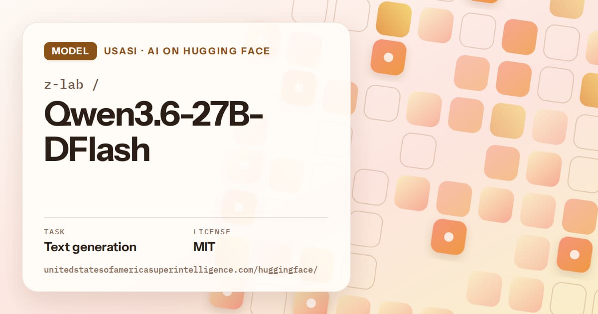 Generated orange rounded-tile grid artwork for the model z-lab/Qwen3.6-27B-DFlash, labeled USASI · AI on Hugging Face, with Task: Text generation · License: MIT.