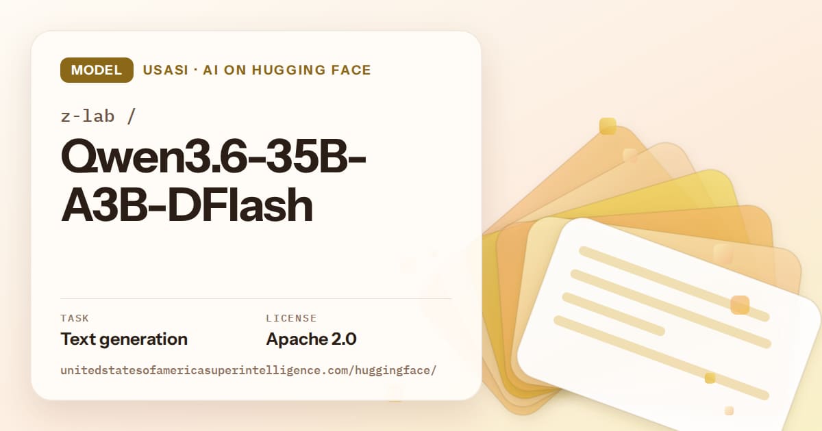 Generated amber layered-card artwork for the model z-lab/Qwen3.6-35B-A3B-DFlash, labeled USASI · AI on Hugging Face, with Task: Text generation · License: Apache 2.0.