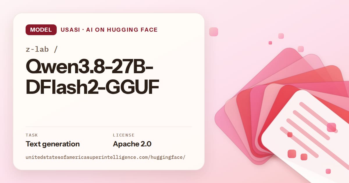 Generated coral layered-card artwork for the model z-lab/Qwen3.8-27B-DFlash2-GGUF, labeled USASI · AI on Hugging Face, with Task: Text generation · License: Apache 2.0.