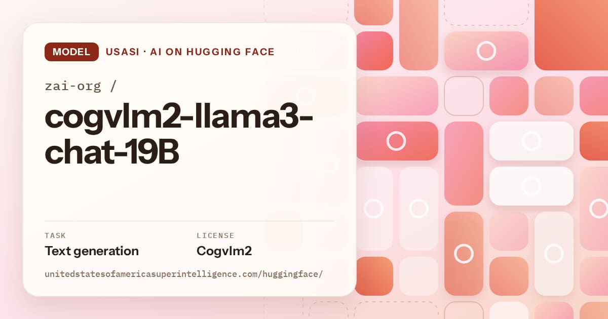 Generated coral tile-mosaic artwork for the model zai-org/cogvlm2-llama3-chat-19B, labeled USASI · AI on Hugging Face, with Task: Text generation · License: Cogvlm2.