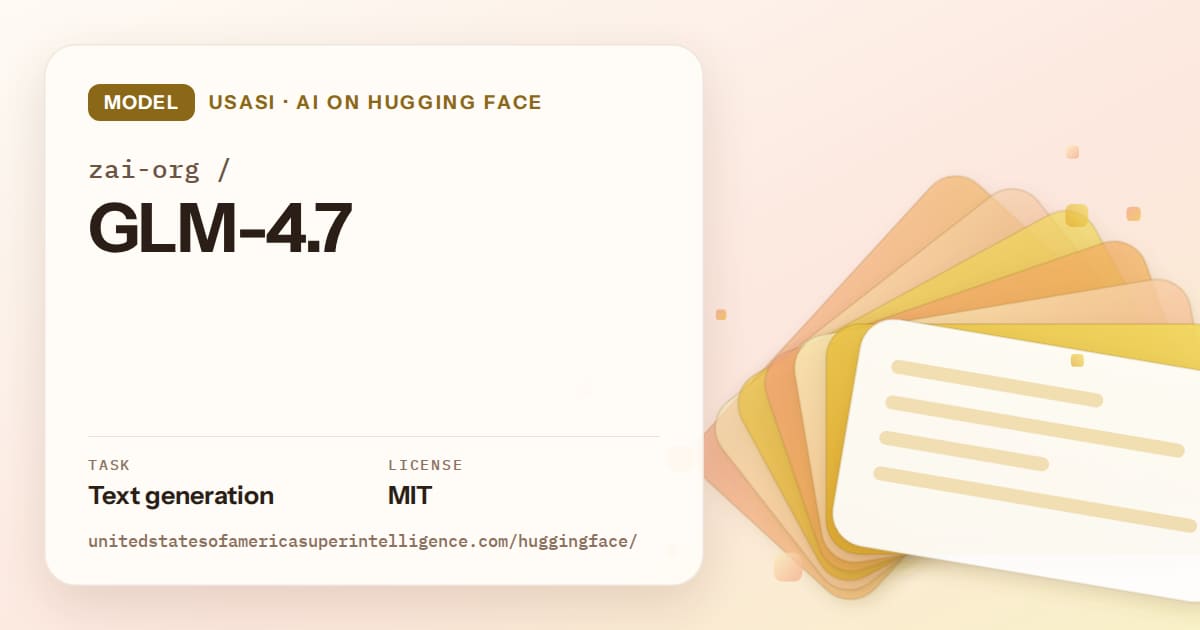 Generated amber layered-card artwork for the model zai-org/GLM-4.7, labeled USASI · AI on Hugging Face, with Task: Text generation · License: MIT.