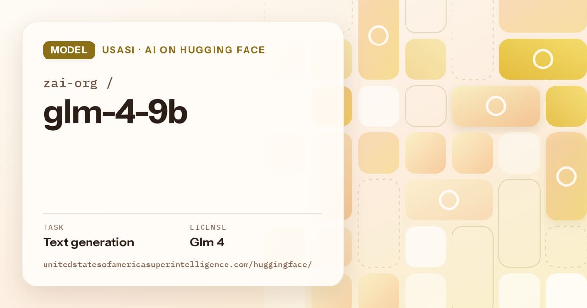 Generated gold tile-mosaic artwork for the model zai-org/glm-4-9b, labeled USASI · AI on Hugging Face, with Task: Text generation · License: Glm 4.