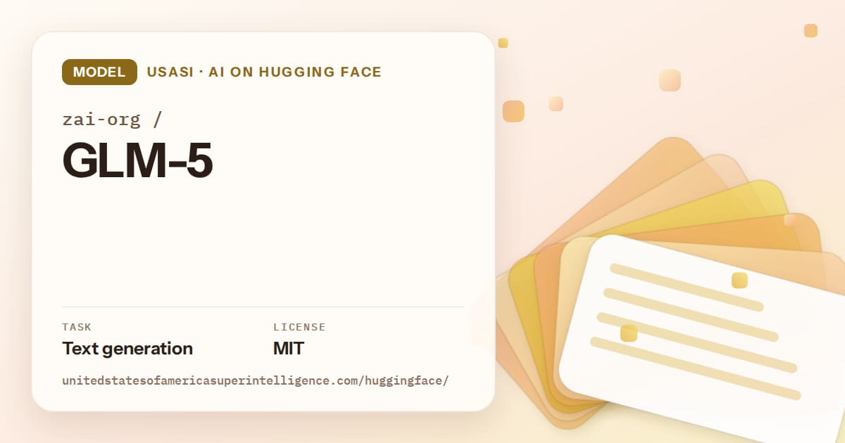 Generated amber layered-card artwork for the model zai-org/GLM-5, labeled USASI · AI on Hugging Face, with Task: Text generation · License: MIT.