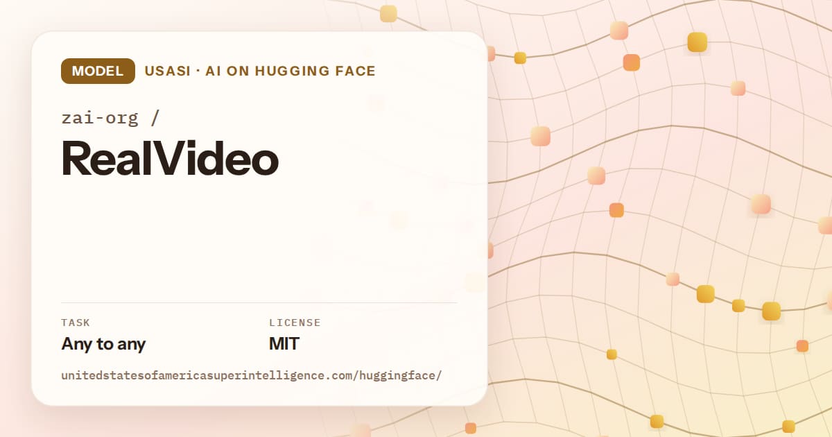 Generated amber wave-lattice artwork for the model zai-org/RealVideo, labeled USASI · AI on Hugging Face, with Task: Any to any · License: MIT.