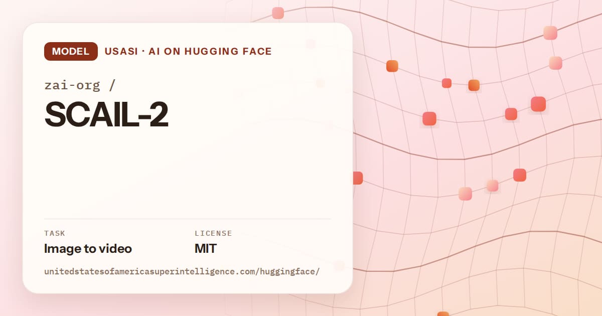 Generated tangerine wave-lattice artwork for the model zai-org/SCAIL-2, labeled USASI · AI on Hugging Face, with Task: Image to video · License: MIT.