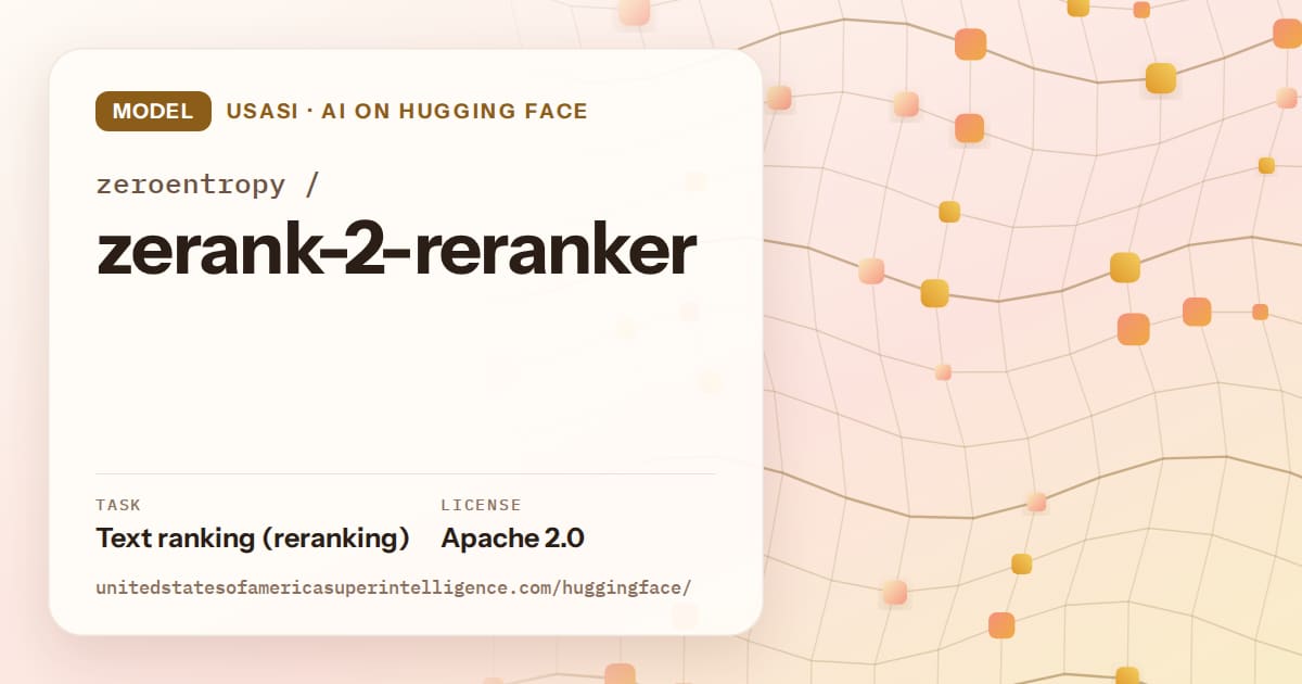 Generated amber wave-lattice artwork for the model zeroentropy/zerank-2-reranker, labeled USASI · AI on Hugging Face, with Task: Text ranking (reranking) · License: Apache 2.0.