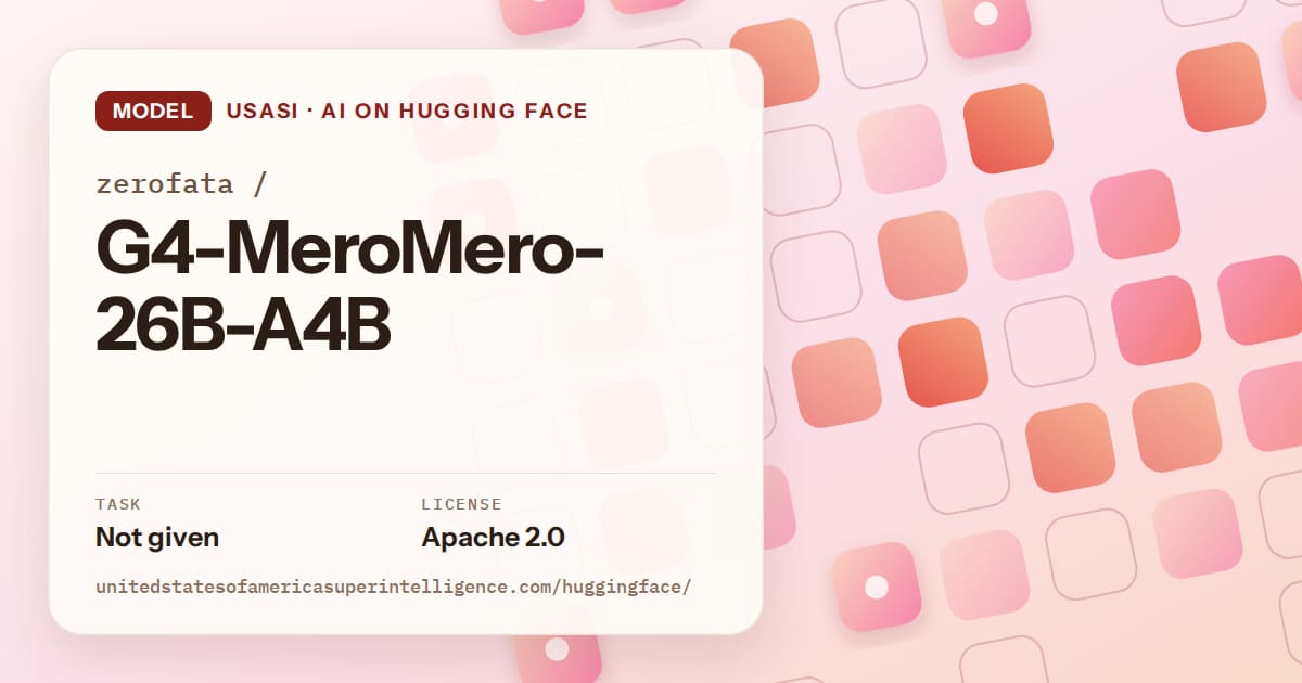 Generated coral rounded-tile grid artwork for the model zerofata/G4-MeroMero-26B-A4B, labeled USASI · AI on Hugging Face, with Task: Not given · License: Apache 2.0.