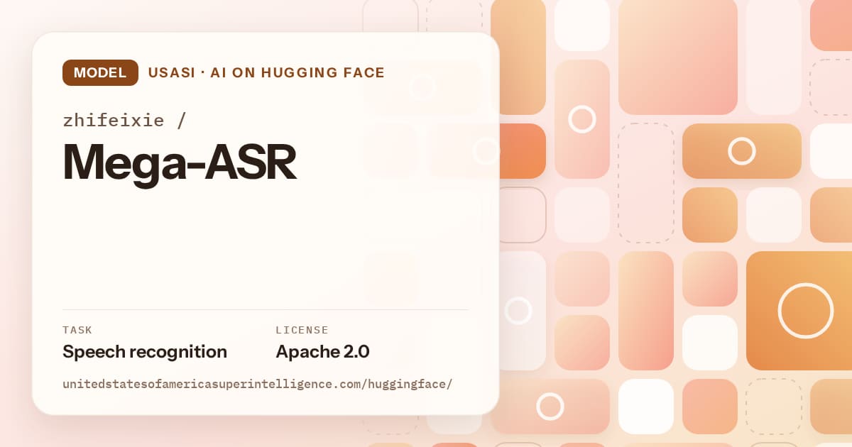 Generated orange tile-mosaic artwork for the model zhifeixie/Mega-ASR, labeled USASI · AI on Hugging Face, with Task: Speech recognition · License: Apache 2.0.