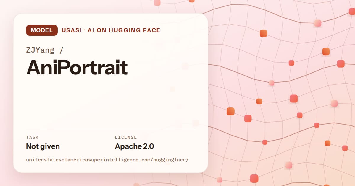 Generated tangerine wave-lattice artwork for the model ZJYang/AniPortrait, labeled USASI · AI on Hugging Face, with Task: Not given · License: Apache 2.0.