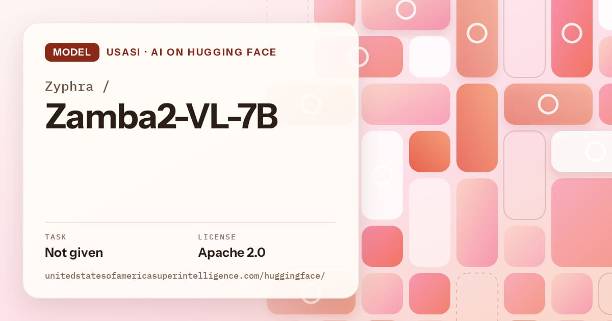 Generated coral tile-mosaic artwork for the model Zyphra/Zamba2-VL-7B, labeled USASI · AI on Hugging Face, with Task: Not given · License: Apache 2.0.