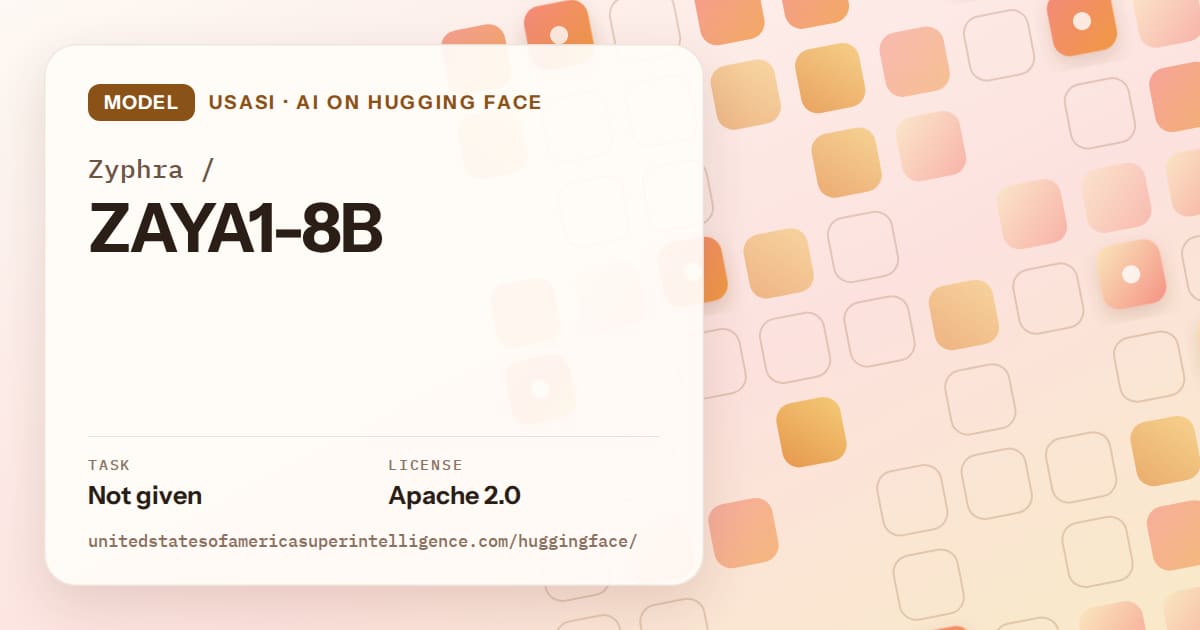 Generated orange rounded-tile grid artwork for the model Zyphra/ZAYA1-8B, labeled USASI · AI on Hugging Face, with Task: Not given · License: Apache 2.0.