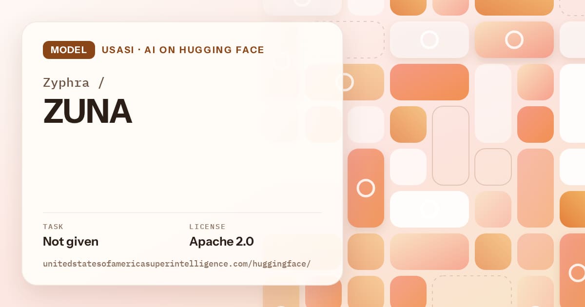 Generated orange tile-mosaic artwork for the model Zyphra/ZUNA, labeled USASI · AI on Hugging Face, with Task: Not given · License: Apache 2.0.