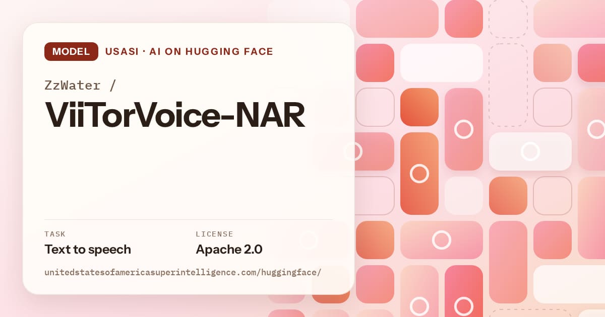 Generated coral tile-mosaic artwork for the model ZzWater/ViiTorVoice-NAR, labeled USASI · AI on Hugging Face, with Task: Text to speech · License: Apache 2.0.